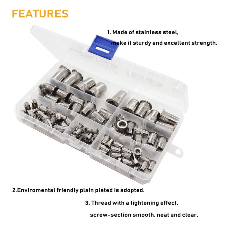 binifiMux 90pcs 304 Stainless Steel Flat Head Threaded Rivetnut Insert Nutsert Rivet Nut Assortment Kit, M3/ M4/ M5/ M6/ M8/ M10/ M12 - Image 4
